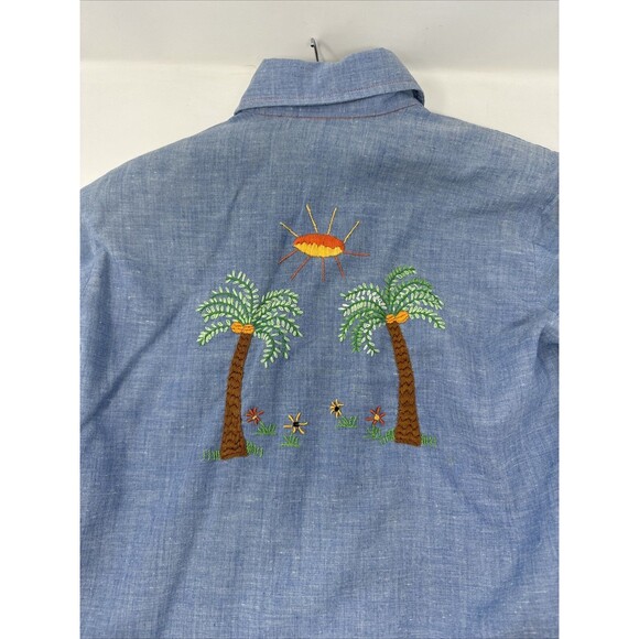 Vintage 60s/70s Hand Embroidered Chambray Shirt Palm Tree Sears Put-on Shop - Picture 3 of 14
